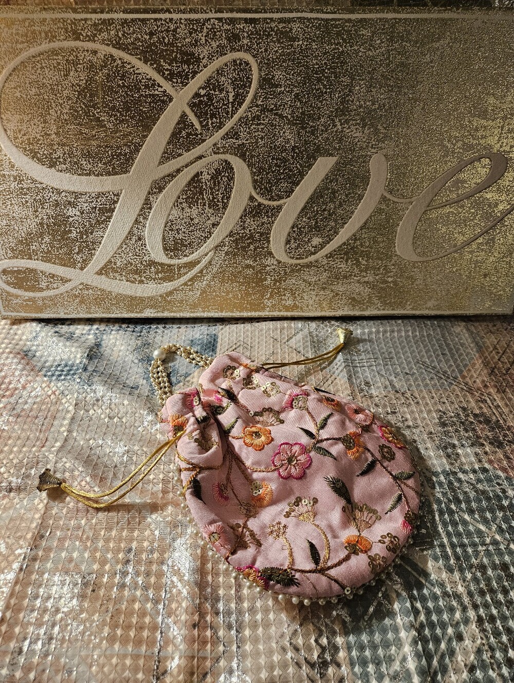 Embroidered Pink Floral Drawstring Evening Bag - Picture 3 of 5